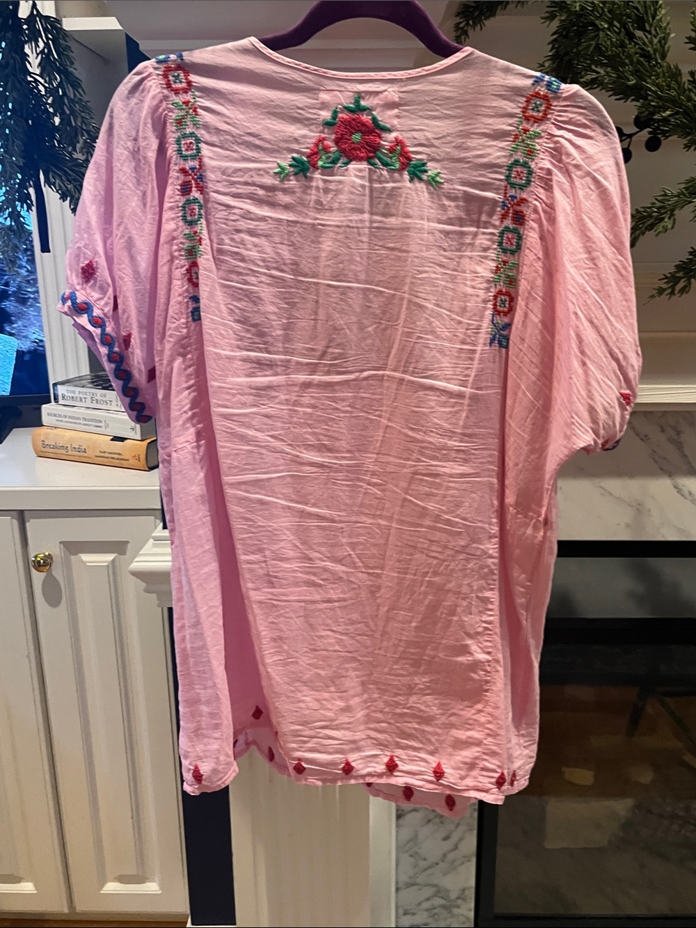Johnny Was Pink Embroidered Boho Tie-Neck Blouse - Picture 6 of 7